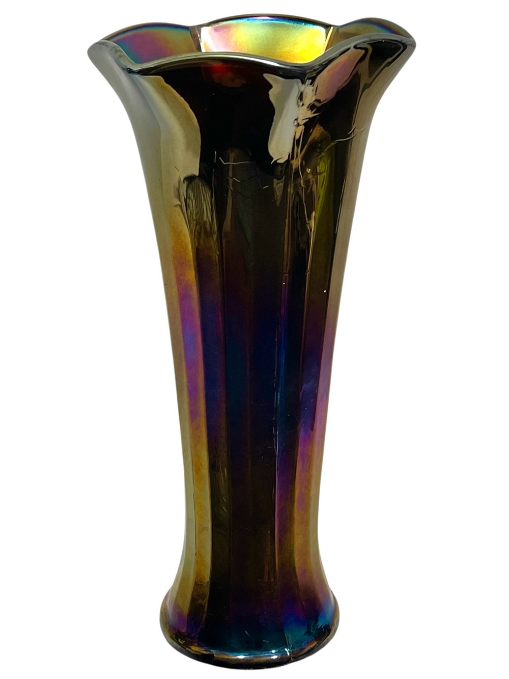 Antique 1910s Dugan Carnival Glass Thin Panels Ruffled Vase - Art Nouveau EAPG